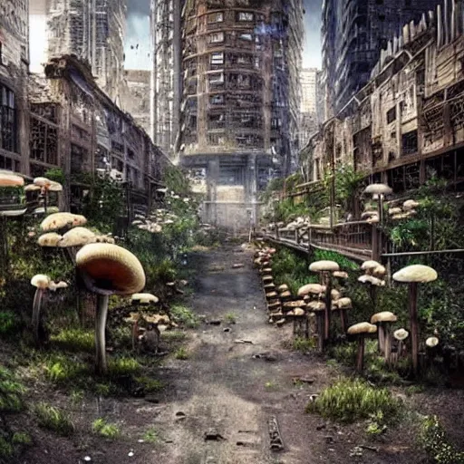 Image similar to beautiful dystopian deserted overgrown city mushroom people surviving