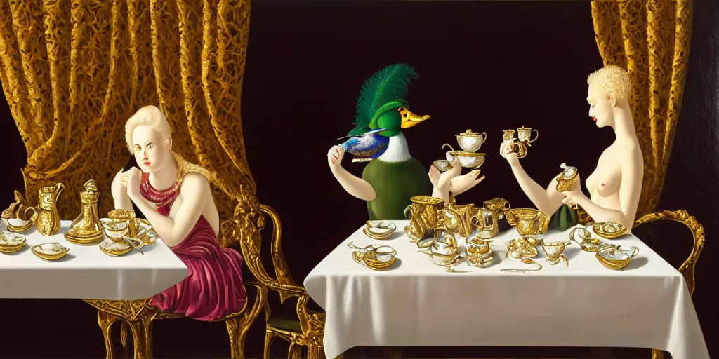 Image similar to a blonde and a mallard and a pig having tea at the ritz, abstract oil painting by gottfried helnwein pablo amaringo raqib shaw zeiss lens sharp focus high contrast chiaroscuro gold complex intricate bejeweled