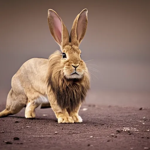 Image similar to a cross between a rabbit and a lion, rabbit - lion, rabbit with a lion's mane, glorious, high quality, 4 k, 8 k, photography, cute photograph, f / 1 6, 3 5 mm, award - winning photography, soft lighting