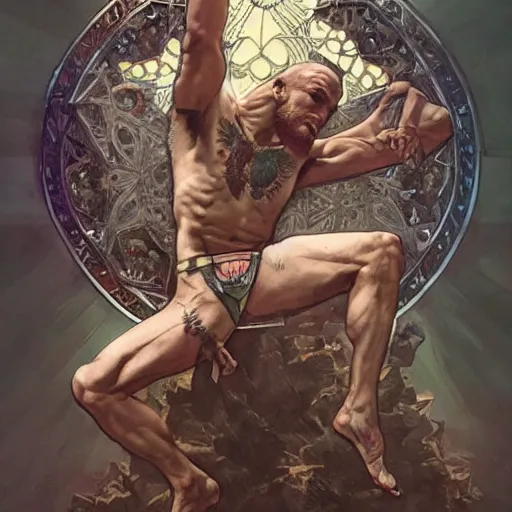 Image similar to hulking conor mcgregor crucified on the cross, masterpiece, intricate, elegant, highly detailed, digital painting, artstation, concept art, smooth, sharp focus, illustration, art by artgerm and greg rutkowski and alphonse mucha and uang guangjian and gil elvgren and sachin teng, symmetry!!