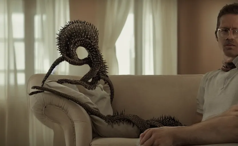 Image similar to an ocotopus waiting on the couch for the psychiatrist to come in, still from the movie her