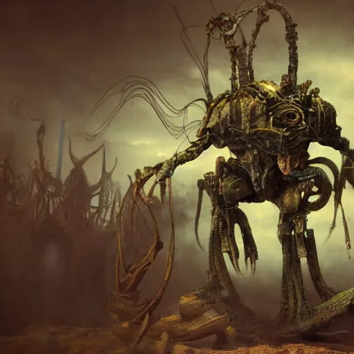 Image similar to phyrexian dreadnought plus borg queen hybrid with protomolecule vesicles being possessed by the machine spirit artists tram pararam and doctor seuss with beryl cook and hr giger pastel high contrast cinematic light, mystical shadows, sharp focus, warhammer fourty k, octane render