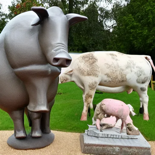 Image similar to statue of a pig, a cow, a horse and a chicken