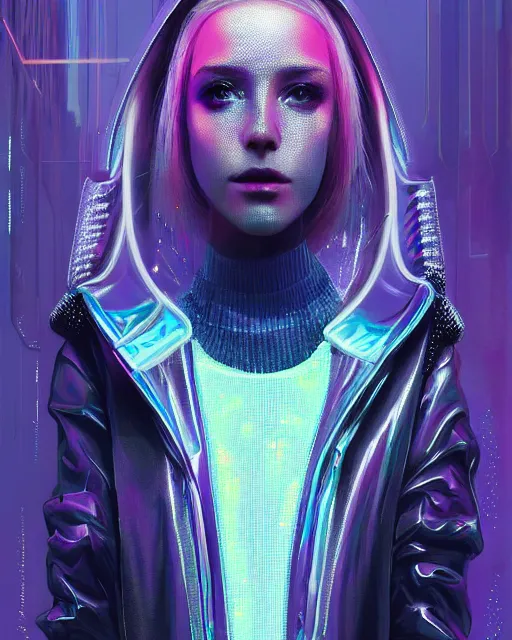 Image similar to detailed portrait of European Pretty Young Girl Sheen Holographic Jacket coat, Futuristic sci-fi fashion, royal attire cyberpunk, neotokyo, synthwave, aesthetics, futuristic, low-emission-neon, bladerunner movie scene by ismail inceoglu dragan bibin hans thoma greg rutkowski Alexandros Pyromallis Nekro Rene Margitte illustrated Perfect face, fine details, realistic shaded, fine-face, pretty face sharp chine