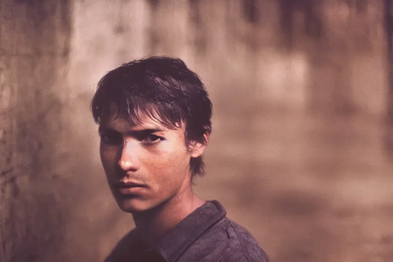 Image similar to a cinematic!! headshot photograph!! of a male, stood in a factory, dirt, film still, cinematic lighting, by bill henson