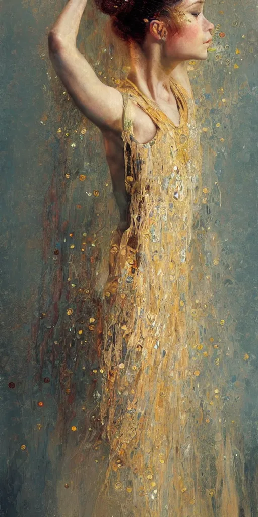 Image similar to an intricate portrait painting of an artistic pose young beautiful ballerina, klimt golden motives and textures, hyper - detailed, octane render, vivid colors, artstation, by jeremy mann, by gustav klimt