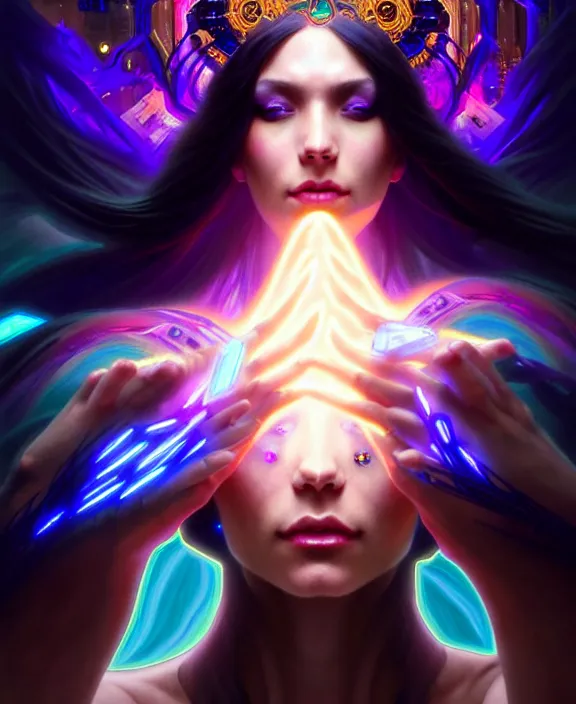 Image similar to a whirlwind of souls rushing inside the metaverse, half body, glowin eyes, tiara with sapphire, pharaoh, android, cyberpunk, d & d, fantasy, intricate, elegant, highly detailed, colorful, vivid color, digital painting, artstation, concept art, art by artgerm and greg rutkowski and alphonse mucha and ruan jia