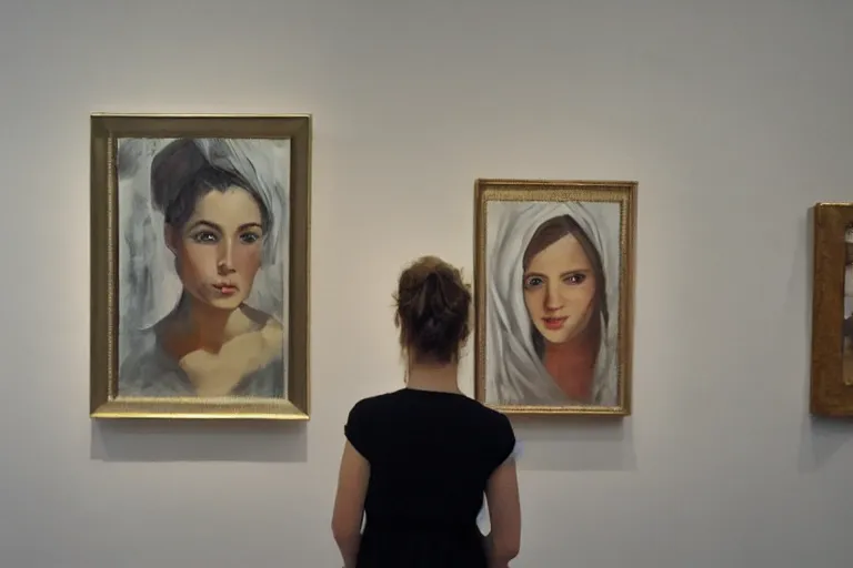 Prompt: hyperrealism, young woman in front of wall full of small art painting, in style of classicism