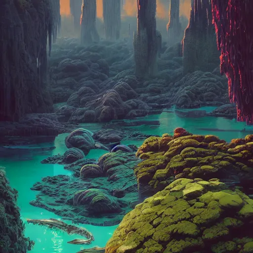 Prompt: A beautiful landscape on an alien planet with giant platinums, and iridescent vegetation Giant Coral and moss in the river by David Hocknet, greg rutkowski, Victo Ngai, François de Nomé, Dan Witz Trending on artstation and SF AR