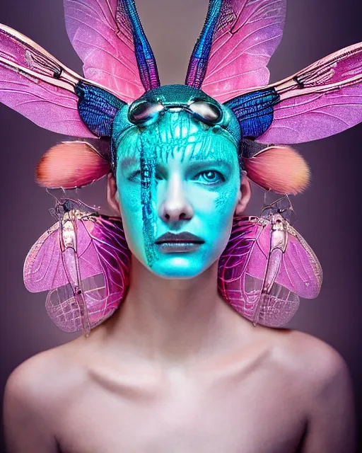 Image similar to natural light, soft focus portrait of a cyberpunk anthropomorphic dragonfly with soft synthetic pink skin, blue bioluminescent plastics, smooth shiny metal, elaborate ornate head piece, piercings, skin textures, by annie leibovitz, paul lehr