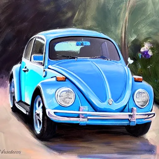 Prompt: painting of a 1970 vw beetle painted by vladimir volegov