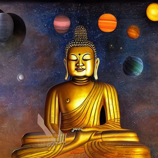 Image similar to all of the planets revolving around a giant Buddha, beautiful, oil on canvas, intricate, 8k highly professionally detailed, HDR, CGsociety