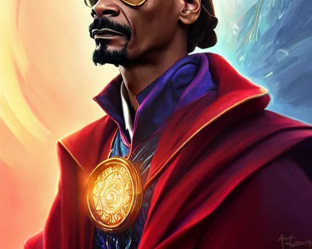 Image similar to snoop dogg doctor strange, refractions, fantasy, intricate, elegant, highly detailed, digital painting, artstation, concept art, matte, sharp focus, illustration, hearthstone, art by artgerm and greg rutkowski and alphonse mucha