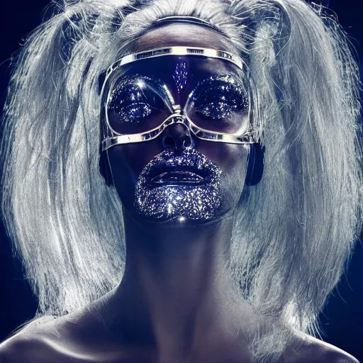 Image similar to portrait of a beautiful futuristic woman layered with high-tech jewelry wrapping around her face and head, golden-silver light