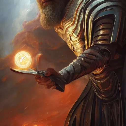 Image similar to masterpiece portrait of Paladin Zeus Wizard, stephen lang, Cinematic lightning, D&D, fantasy, highly detailed, digital painting, sharp focus, illustration, art by artgerm and greg rutkowski and magali villeneuve