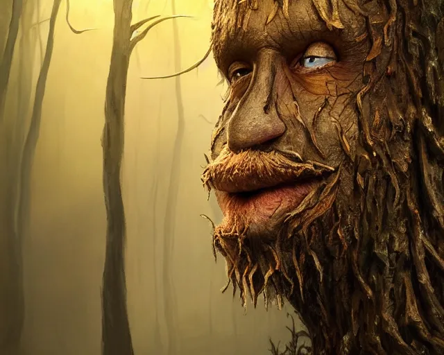 Image similar to a talking tree, a face in the bark, nose made of wood, eyes in the bark, fantasy concept art, big moustache, digital painting, oil painting, hyperrealistic, beautiful, treebeard, ent, magical, highly detailed, soft lighting, golden sunlight, very detailed eyes, artstation, cgsociety, in the forest, by alan lee, by artgerm