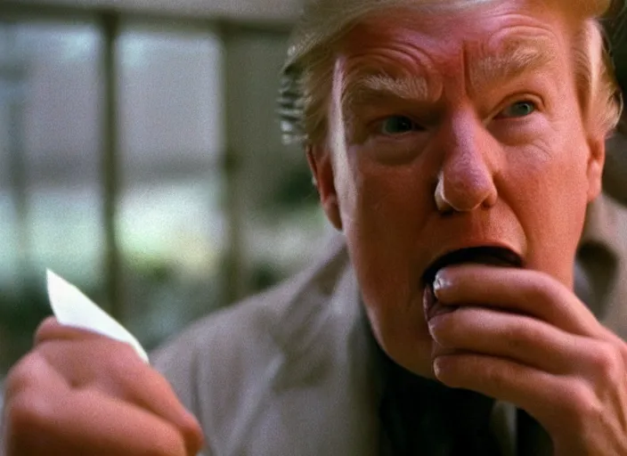 Prompt: cinematic screenshot of trump eating wads of crumpled paper in his mouth, screenshot from the tense thriller film ( 2 0 0 1 ) directed by spike jonze, dramatic backlit window, volumetric hazy lighting, moody cinematography, 3 5 mm kodak color stock, 2 4 mm lens, ecktochrome