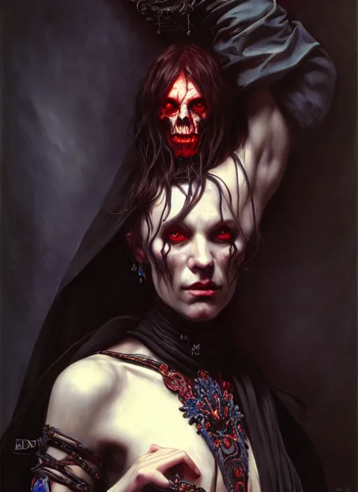 Prompt: necromancer, full body, hyper realistic, extremely detailed, dnd character art portrait, dark fantasy art, intricate fantasy painting, dramatic lighting, vivid colors, deviantart, artstation, by edgar maxence and caravaggio and michael whelan and delacroix.