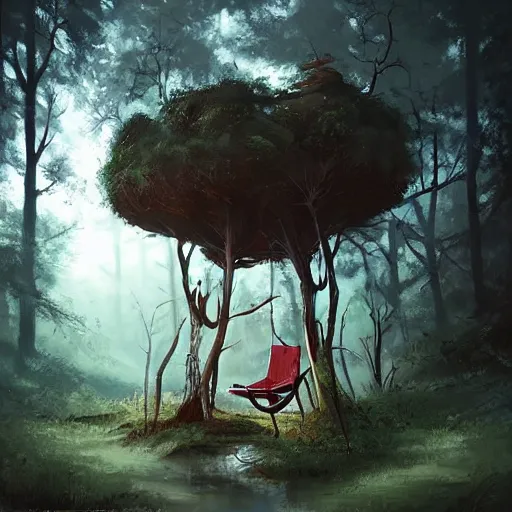 Prompt: chair in the forest by wenjun lin, omg