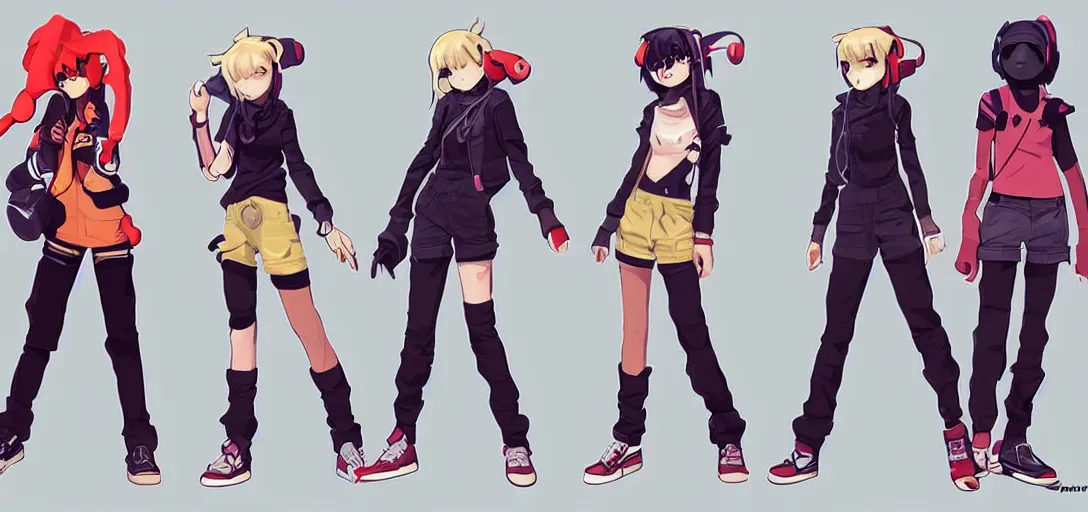 Prompt: character sheet concept art of female video game characters inspired by flcl, unique silhouettes, cute casual streetwear, by marc brunet and artgerm