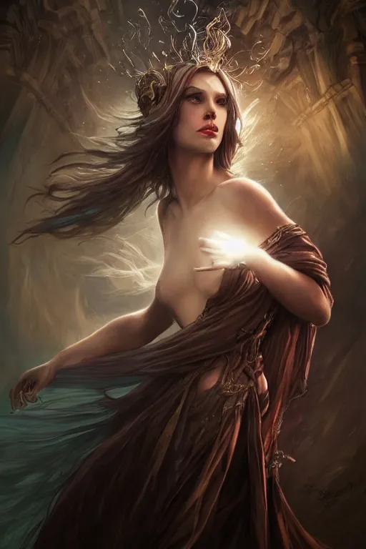 Image similar to seductive looking sorceress prays!!! magic the gathering, windy hair!, surreal dark fantasy, cinematic volumetric lights, portrait, dnd, intricate, elegant, highly detailed, digital painting, artstation, concept art, smooth, sharp focus, illustration, art by artgerm and tom bagshaw and greg rutkowski and alphonse mucha