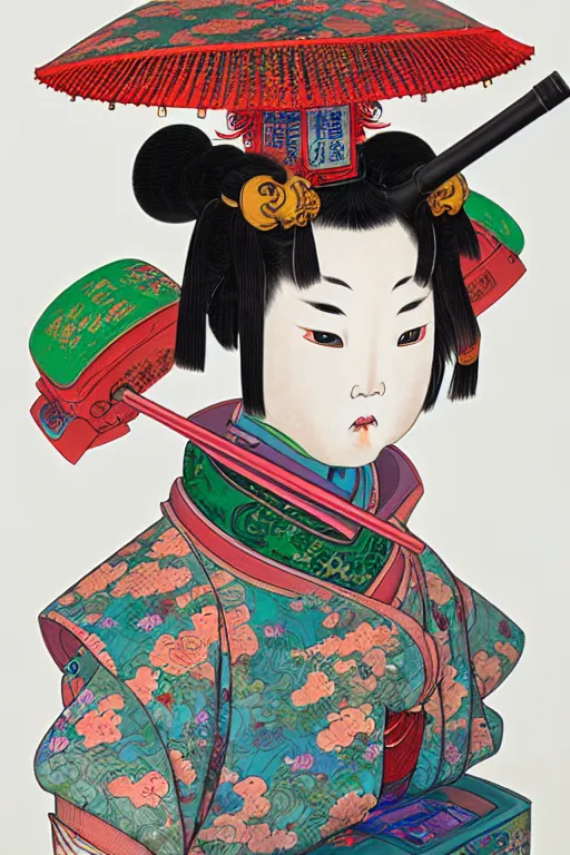 Image similar to full view, from a distance, of anthropomorphic trashcan from the qing dynasty, style of yoshii chie and hikari shimoda and martine johanna, highly detailed