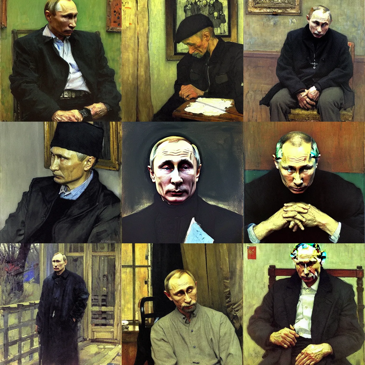 Prompt: a very sad fate of vladimir putin at his old age in prison. detailed painting by valentin serov victor vasnetsov and ilya repin. tretyakov gallery, moscow