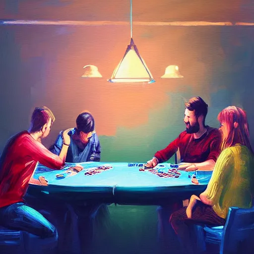 Image similar to people playing poker on a table by alena aenami and annato finnstark