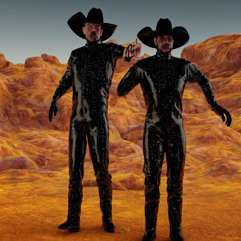 Image similar to octane render portrait by wayne barlow and carlo crivelli and glenn fabry, a man wearing a shiny black latex suit and cowboy hat covered in colorful slime, standing in a scenic western landscape, cinema 4 d, ray traced lighting, very short depth of field, bokeh