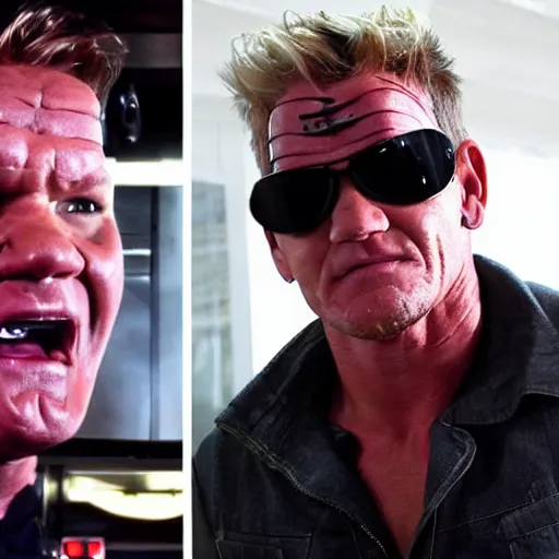 Image similar to gordon ramsay has the terminator cyborg and a movie still