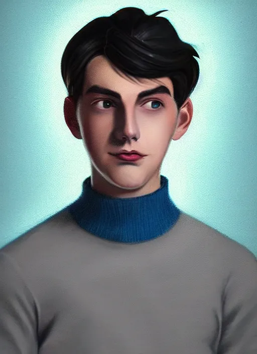 Image similar to portrait of teenage jughead jones wearing a light grey crown, crown, blue turtleneck, 1 9 5 0 s, closed eyes, photorealistic, black hair, glowing lighting, intricate, elegant, glowing lights, highly detailed, digital painting, artstation, concept art, smooth, sharp focus, illustration, art by wlop, mars ravelo and greg rutkowski