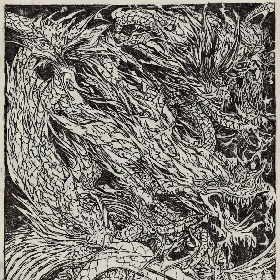 Prompt: Lucina from Fire Emblem as a dragon, traditional Japanese woodcut