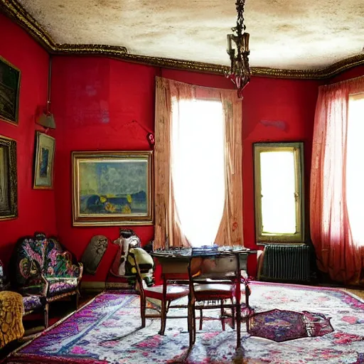 Prompt: Full view of a large very dark kitsch filled parlor that is dimly lit by a morning sunbeam coming through a window, dust floats in the air, plain walls have slightly cracked with time, a single photo with a broken frame hangs crooked on the wall, a small tattered Persian rug with muted colors is on the floor, a child\'s dull red but dusty four-wheeled wagon is in the corner of the room motionless, a ceiling fan with an old draw cord is off, cinematic, vignette, ultrarealistic, super high resolution, photograph, still, serene, low energy, 4K, lighting study