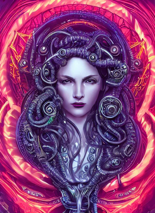 Image similar to ultradetailed ornate cyberpunk RPG character sci-fi illustration of a beautiful symmetric Medusa radiating a majestic glowing aura, intricate smooth digital painting, sharp focus, deep neon-noir tones, 3d rim light, artstation, concept art, hyperrealistic, photorealistic, Kodakchrome