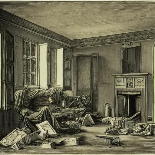 Prompt: living room of an abandonded house, illustration by Gustav Doré