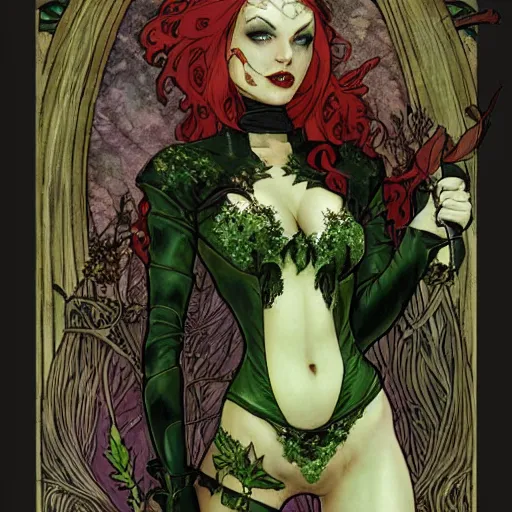 Prompt: a beautiful tarot card of poison ivy dressed as a teenage vampire, leather armored, dark eyeliner, intricate, elegant, highly detailed, digital painting, artstation, concept art, matte, sharp focus, illustration, art by rebecca guay and by arthur rackham and by alphonse mucha and by john william waterhouse