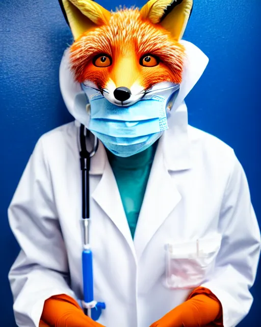 Image similar to photorealistic photo of anthropomorphic female fox animal dressed in labcoat, surgical mask covering mouth, putting on surgical gloves, fox animal, hospital in background, oil painting, 8 5 mm f / 1. 4