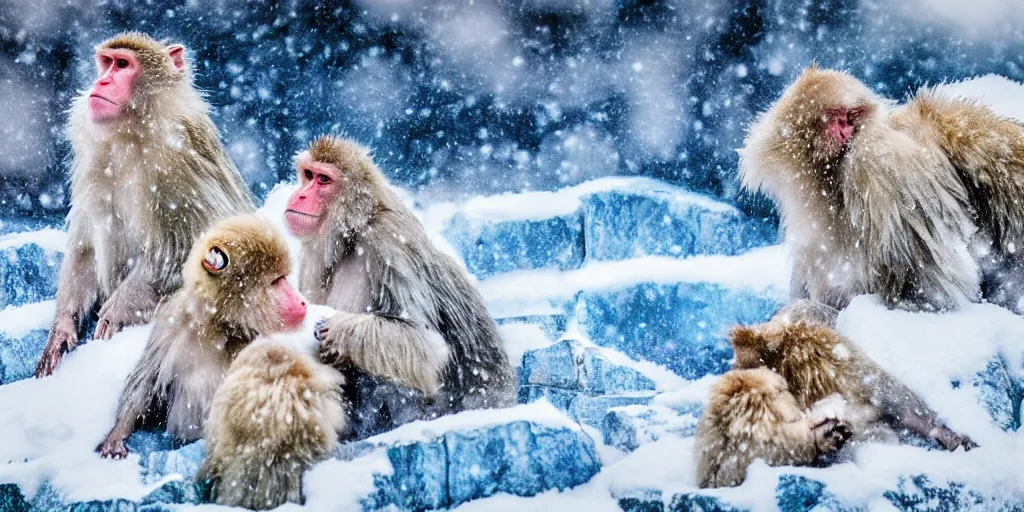 Image similar to scenic mountain setting, a family of snow monkeys gather at the natural spa to get warm, highly detailed, snow flurry, cold, steamy, desaturated blue, inquisitive, striking, contemplative, happy, content, warm, watercolor, dry brush