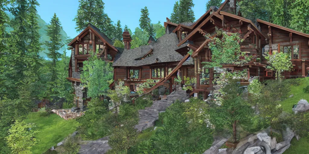 Image similar to residence in the style of rivendell, cascadian