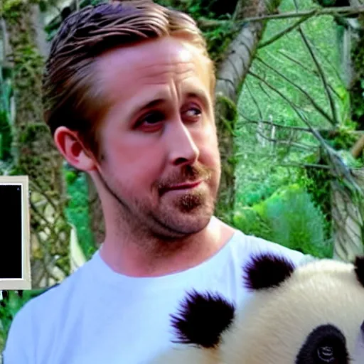 Prompt: Ryan Gosling saves a panda from a fire in the hobbit house, hyper realistic, 4k, 8k, cinematik