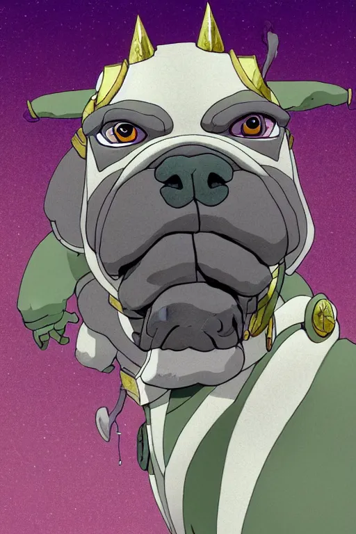 Prompt: a simple and atmospheric cell - shaded fantasy character concept art portrait of a robotic bulldog as a druidic warrior wizard looking at the camera with an intelligent gaze, very muted colors, by studio ghibli