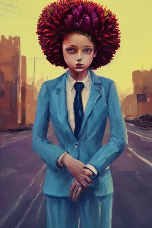 Image similar to closeup giant dahlia flower head, girl in a suit on a street, surreal photography, blue sky, sunrise, dramatic light, impressionist painting, digital painting, artstation, simon stalenhag