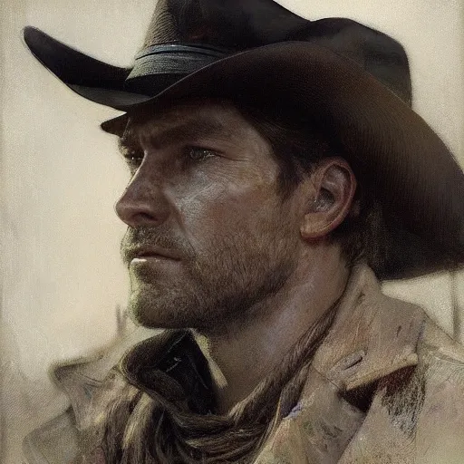 Image similar to hyperrealist portrait of arthur morgan by jeremy mann and alphonse mucha, fantasy art, photo realistic, dynamic lighting, artstation, poster, volumetric lighting, very detailed faces, award winning