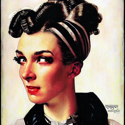 Prompt: portrait of a dapper cyberpunk woman, so happy that her face hurts, by norman rockwell