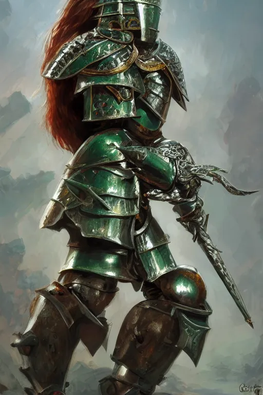 Image similar to highly detailed full body portrait painting of a proud young female knight wearing heavy armour in the style of Warhammer Fantasy by Craig Mullins, medium hair, green eyes, earrings, low angle shot, highly detailed, trending on artstation, cgsociety, 4k, 8k, HDR, octane render, unreal engine