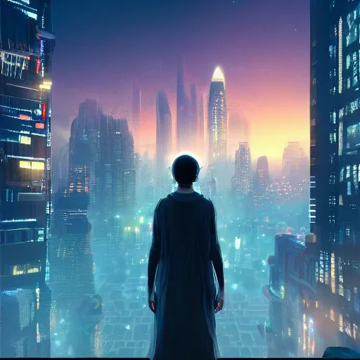 Image similar to alone person facing the desperate call of the void, futuristic cityscape, unreal 5 render, vivid colors, high detail, clear weather, studio ghibli, history painting, digital art, octane render, beautiful composition, trending on artstation, award - winning photograph, masterpiece