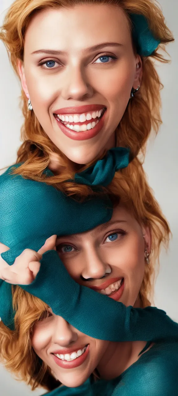 Prompt: portrait photo of smiling woman, photo of Scarlett Johansson:: symmetric face, symmetric eyes, slight smile, photo by Annie Leibovitz, 85mm, teal studio backdrop, Getty images