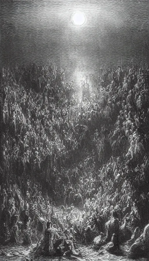 Image similar to one hundred hooded cultists, under the sea, dark fantasy illustration, gustave dore