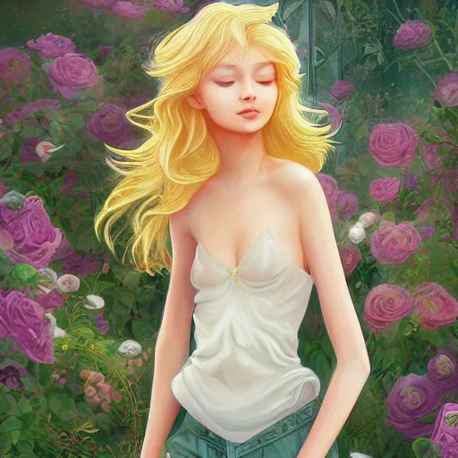 Prompt: the little prince standing in a garden of roses, blond hair, gorgeous, amazing, elegant, intricate, highly detailed, digital painting, artstation, concept art, sharp focus, illustration, art by ross tran