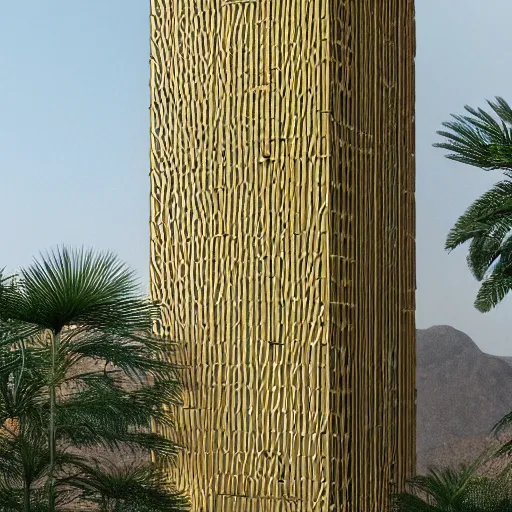 Prompt: 2 0 0 m tall modular massing truncated stacked tower made of beige stone and gold mesh screens, ancient sacred design, engraving and inscriptions on the facade, wavy balconies, vegetated roofs and balconies, photorealism, octane render, hyper realistic, arid mountains and palm forest, 8 k